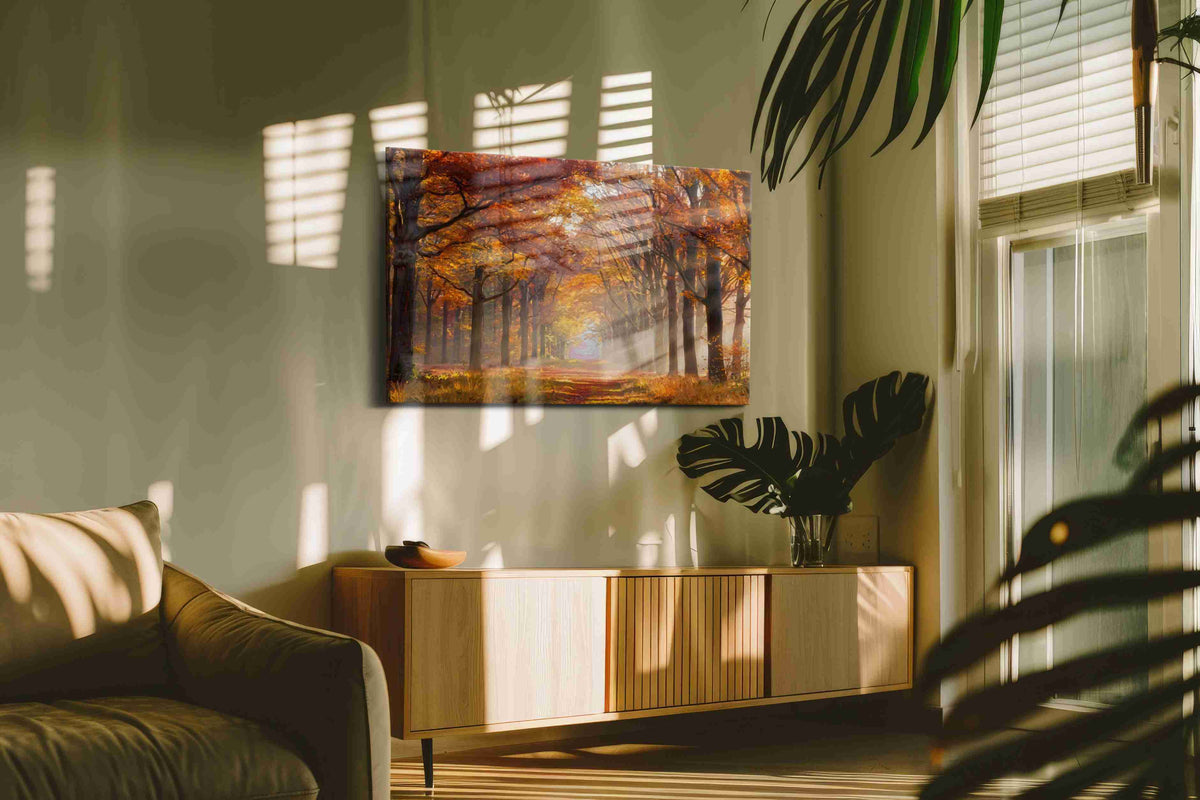 Golden Pathway of Autumn autumn canvas print in a hung canvas mockup
