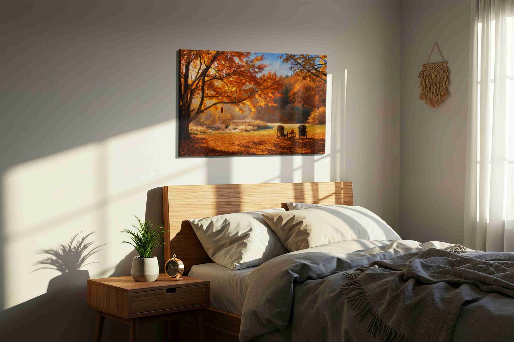 Golden Serenity of Autumn autumn canvas print, displayed in a bedroom