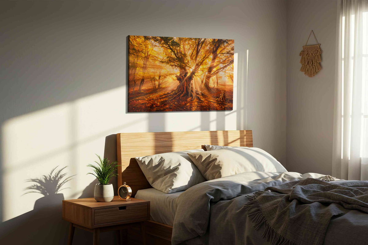 Luminescent Autumn Reverie autumn canvas print, displayed in a bedroom
