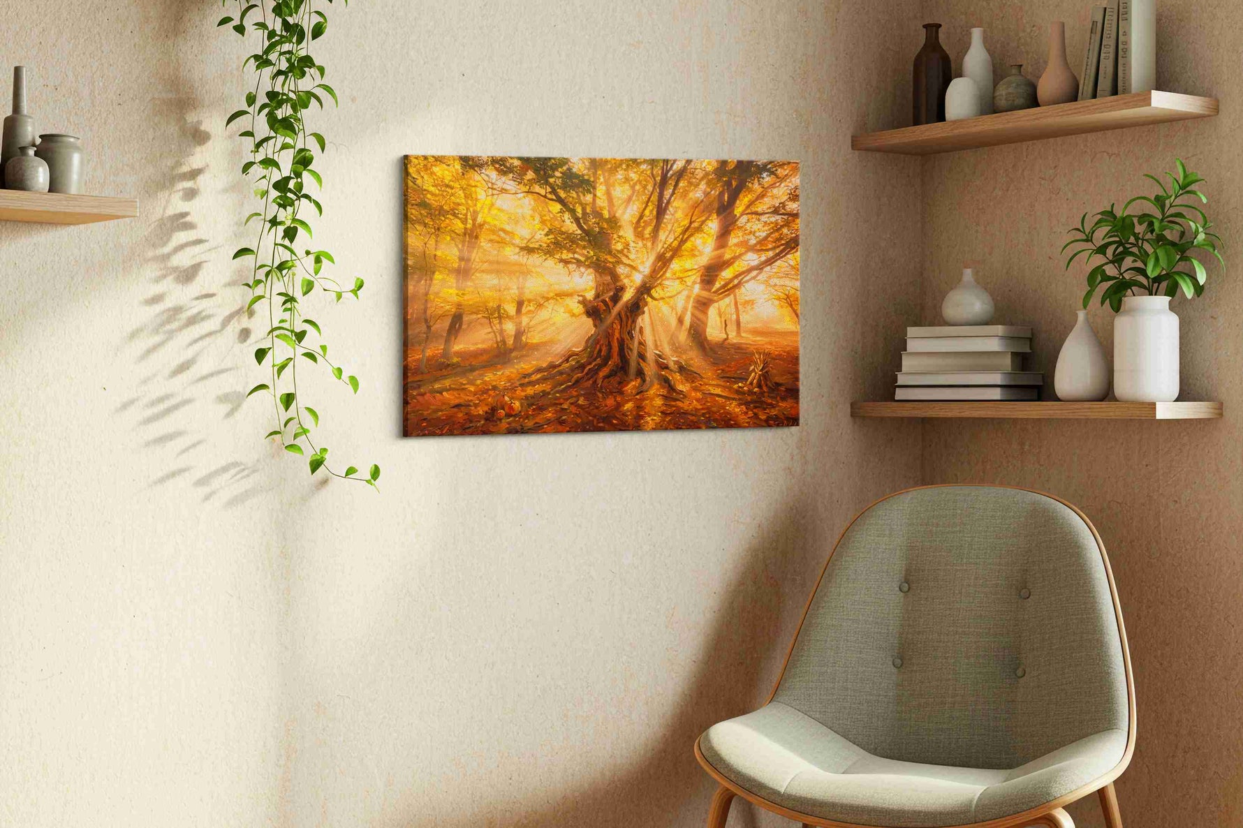Luminescent Autumn Reverie autumn canvas print styled in a living room