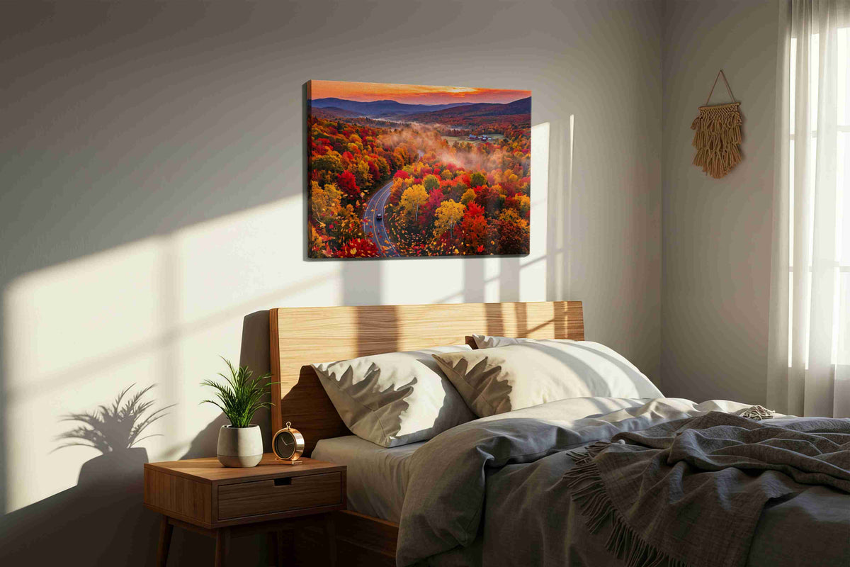 Vibrant Symphony of Autumn autumn canvas print, displayed in a bedroom