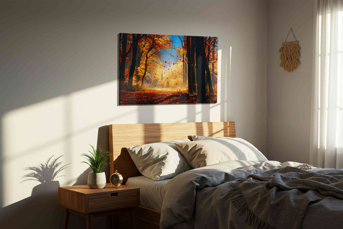 Whispering Leaves of Autumn autumn canvas print, displayed in a bedroom