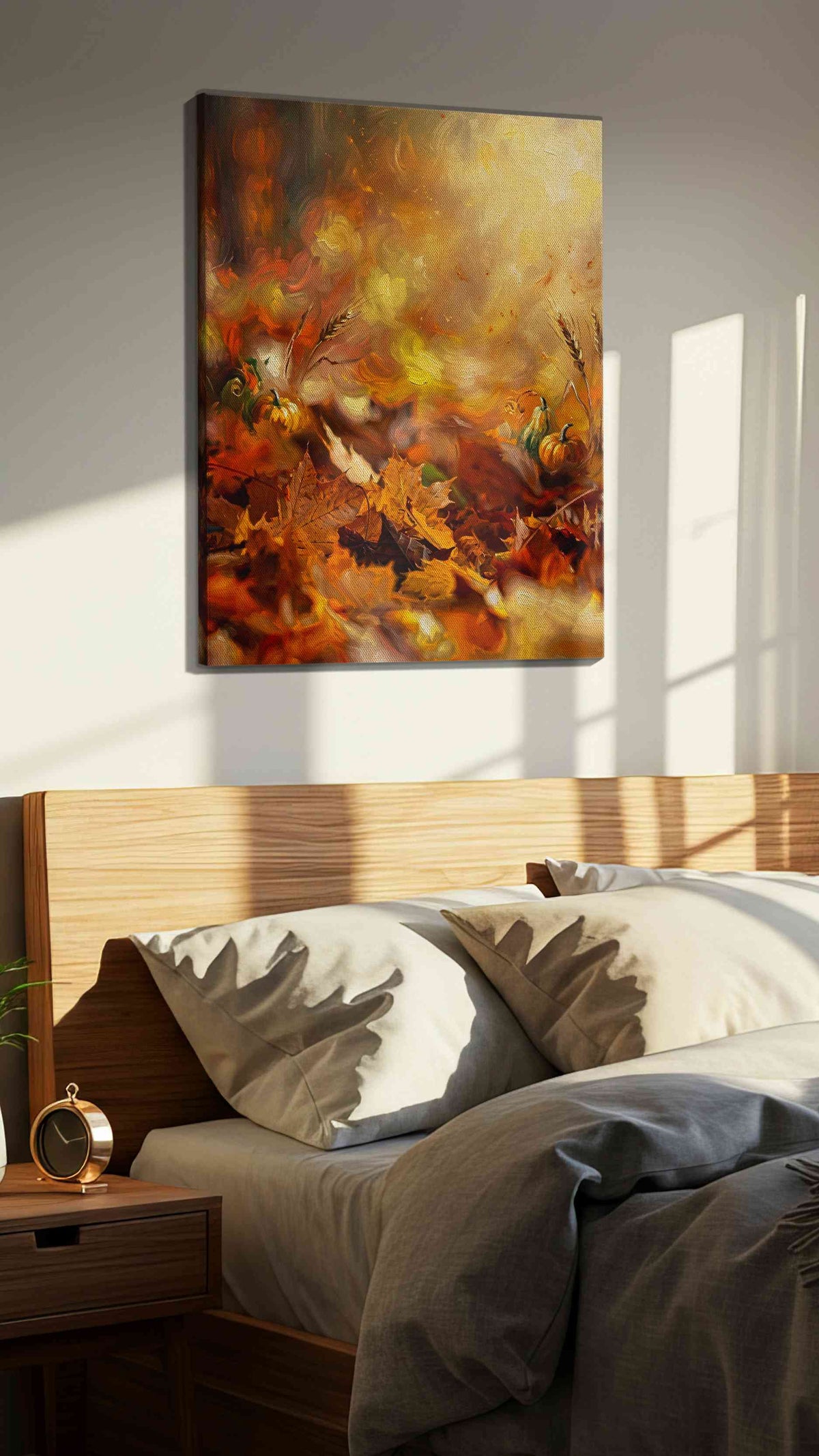 Whispers of Autumn Glow II autumn canvas print, displayed in a bedroom