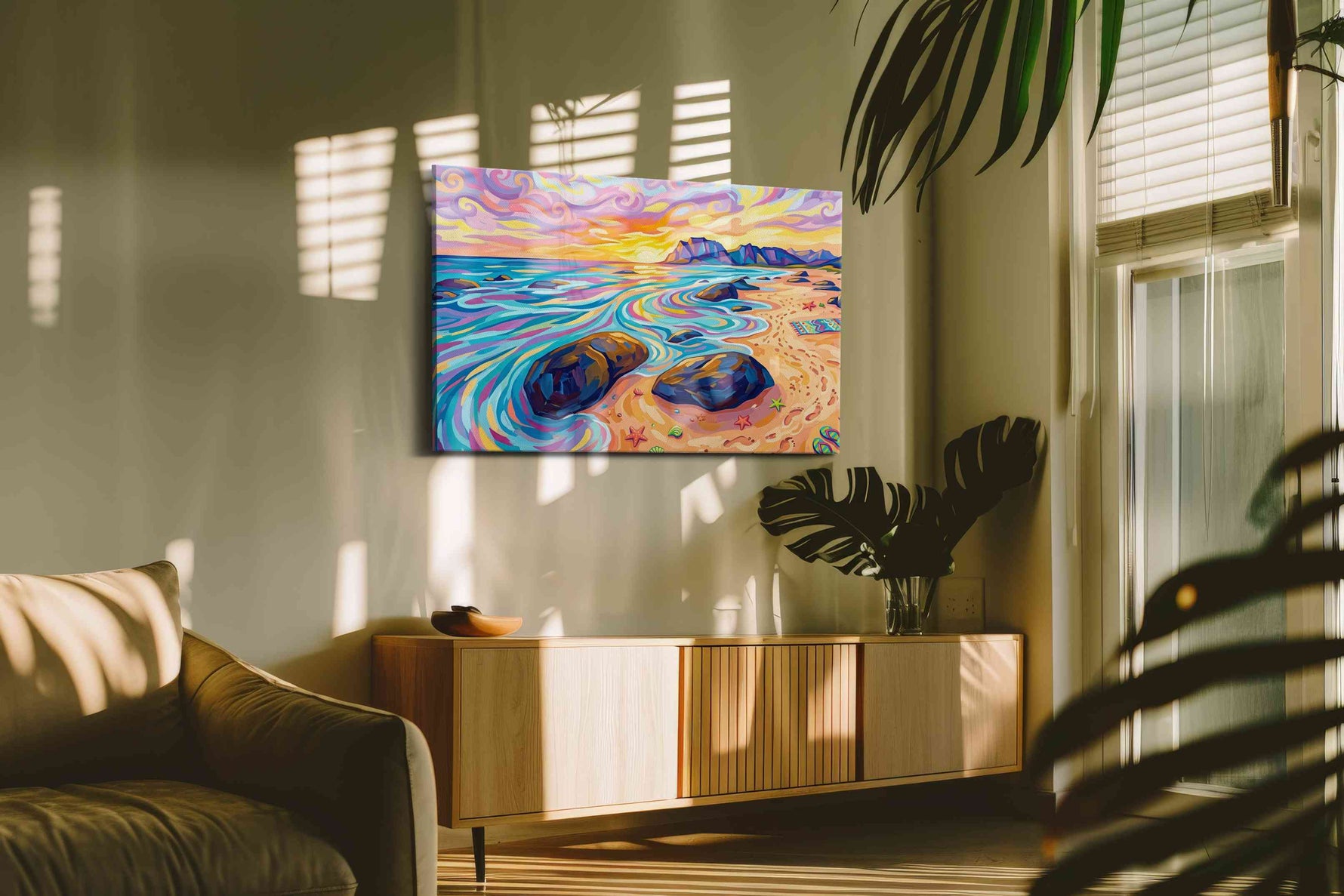 Dreamscape Shores at Sunset beach canvas print in a hung canvas mockup