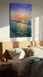 Eternal Sunrise Symphony ocean canvas print, displayed in a bedroom