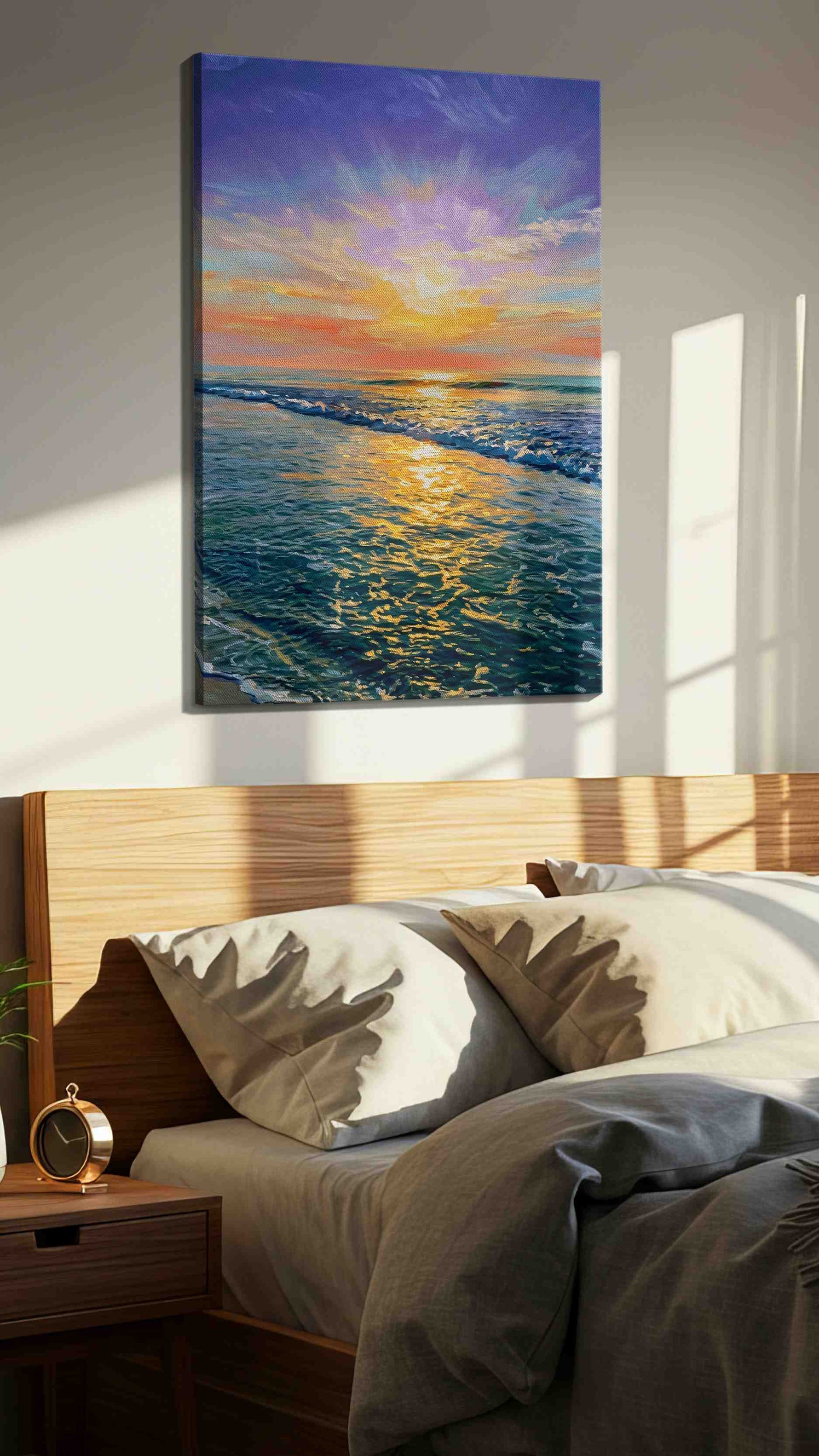 Eternal Sunrise Symphony ocean canvas print, displayed in a bedroom
