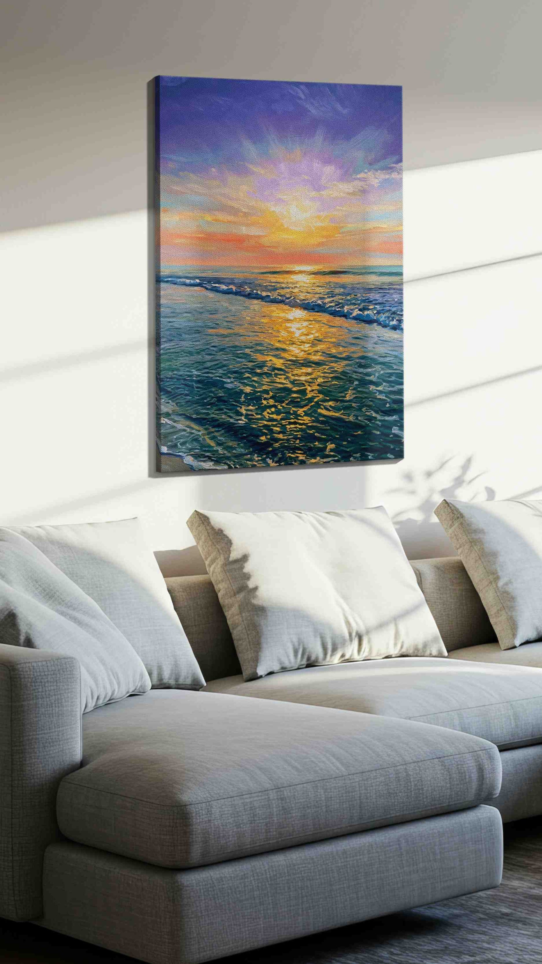 Eternal Sunrise Symphony ocean canvas print, displayed in a living room