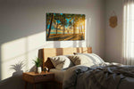 Golden Escape Under Palms summer canvas print, displayed in a bedroom