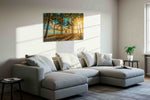 Golden Escape Under Palms summer canvas print in a living room scene