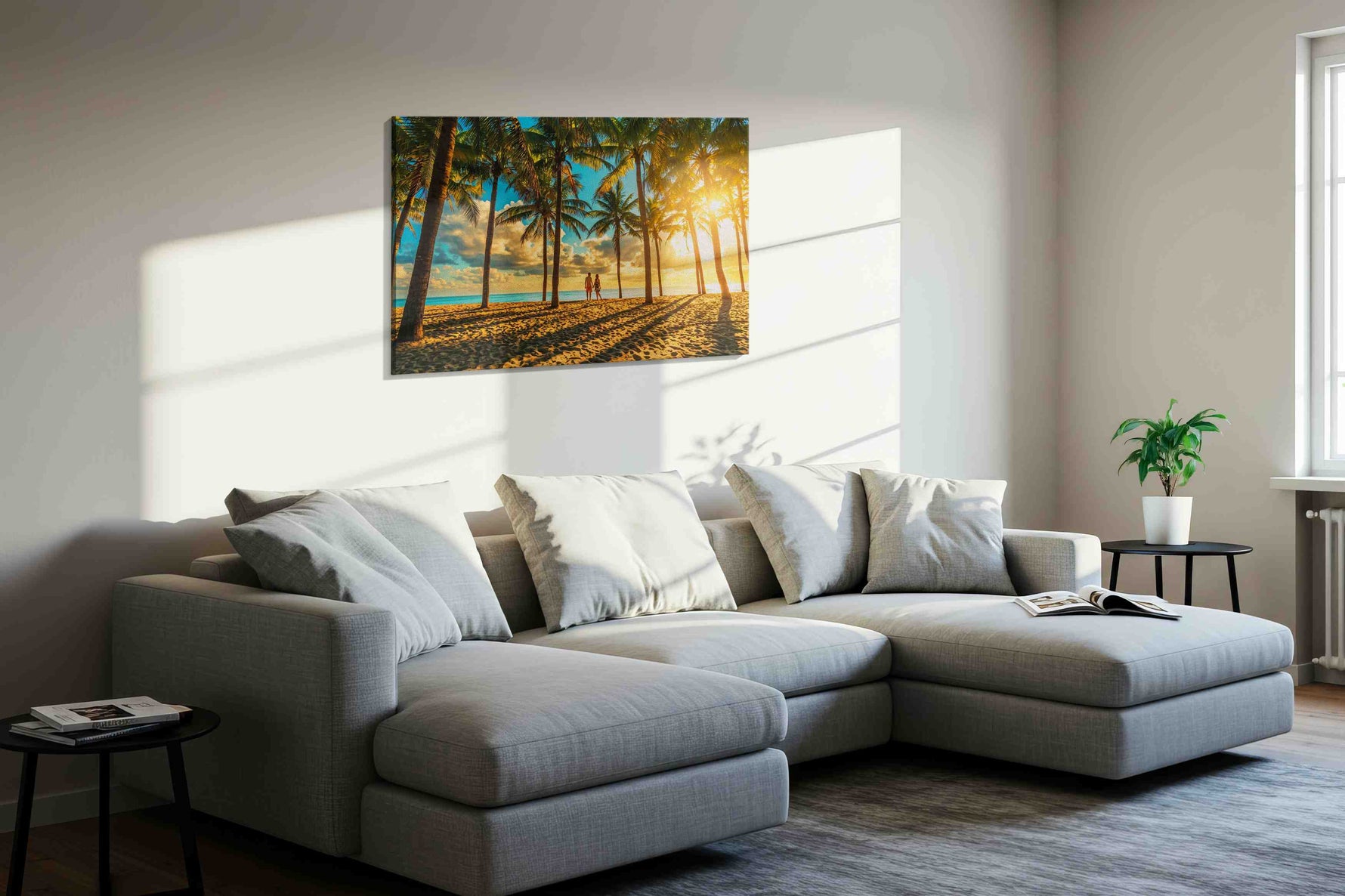 Golden Escape Under Palms summer canvas print in a living room scene