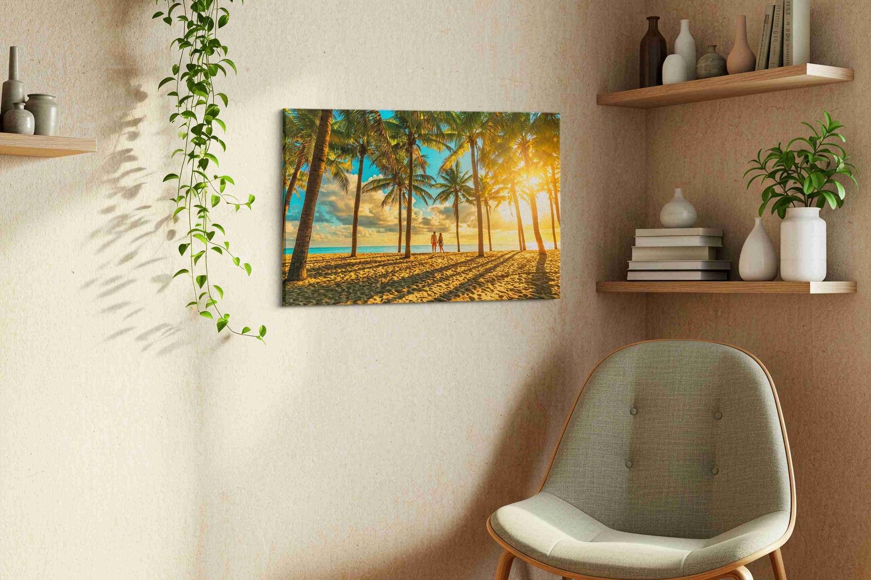 Golden Escape Under Palms summer canvas print, displayed in a living room