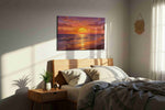 Golden Sunset Reverie beach canvas print, displayed in a bedroom