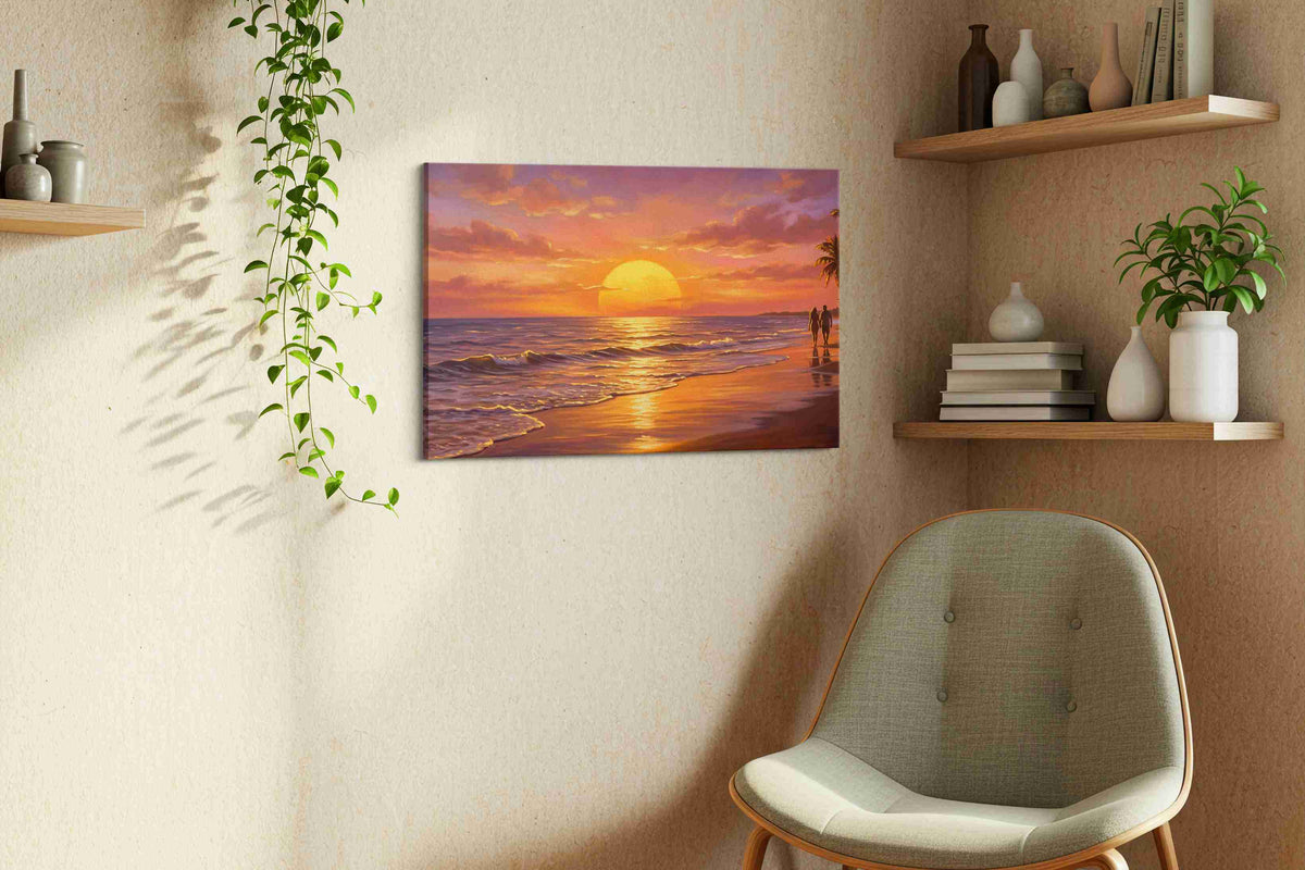 Golden Sunset Reverie beach canvas print, displayed in a living room