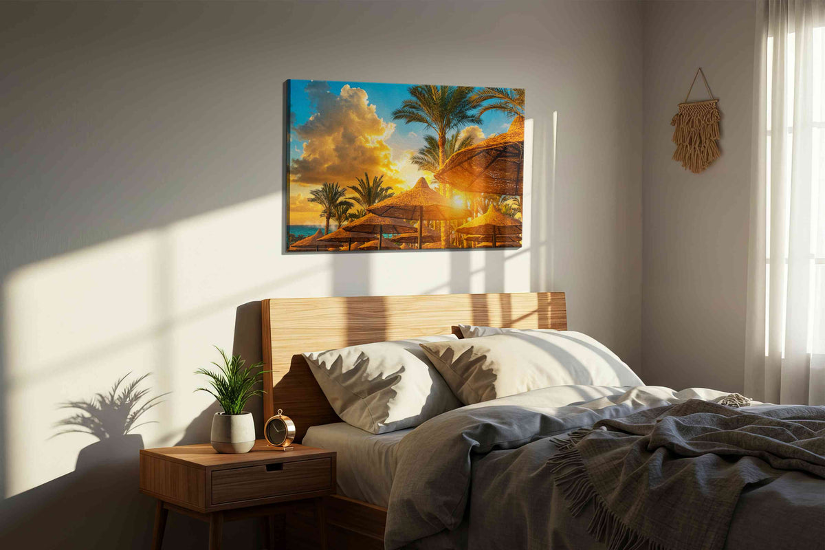 Golden Tropics Serenade summer canvas print, displayed in a bedroom