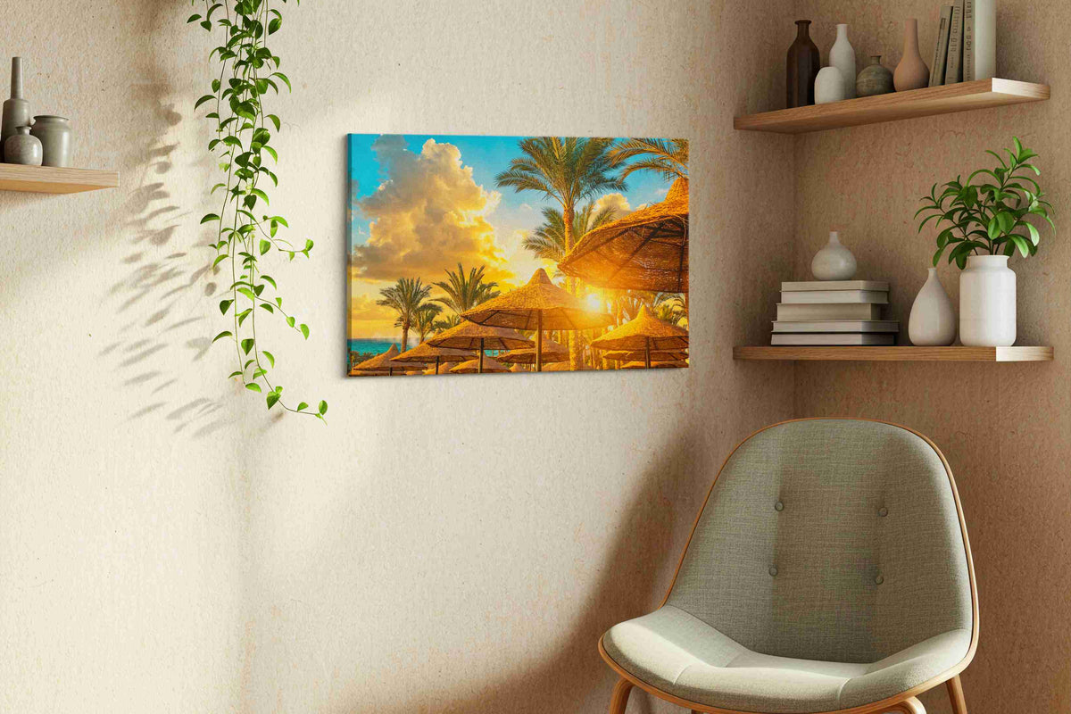 Golden Tropics Serenade summer canvas print styled in a living room