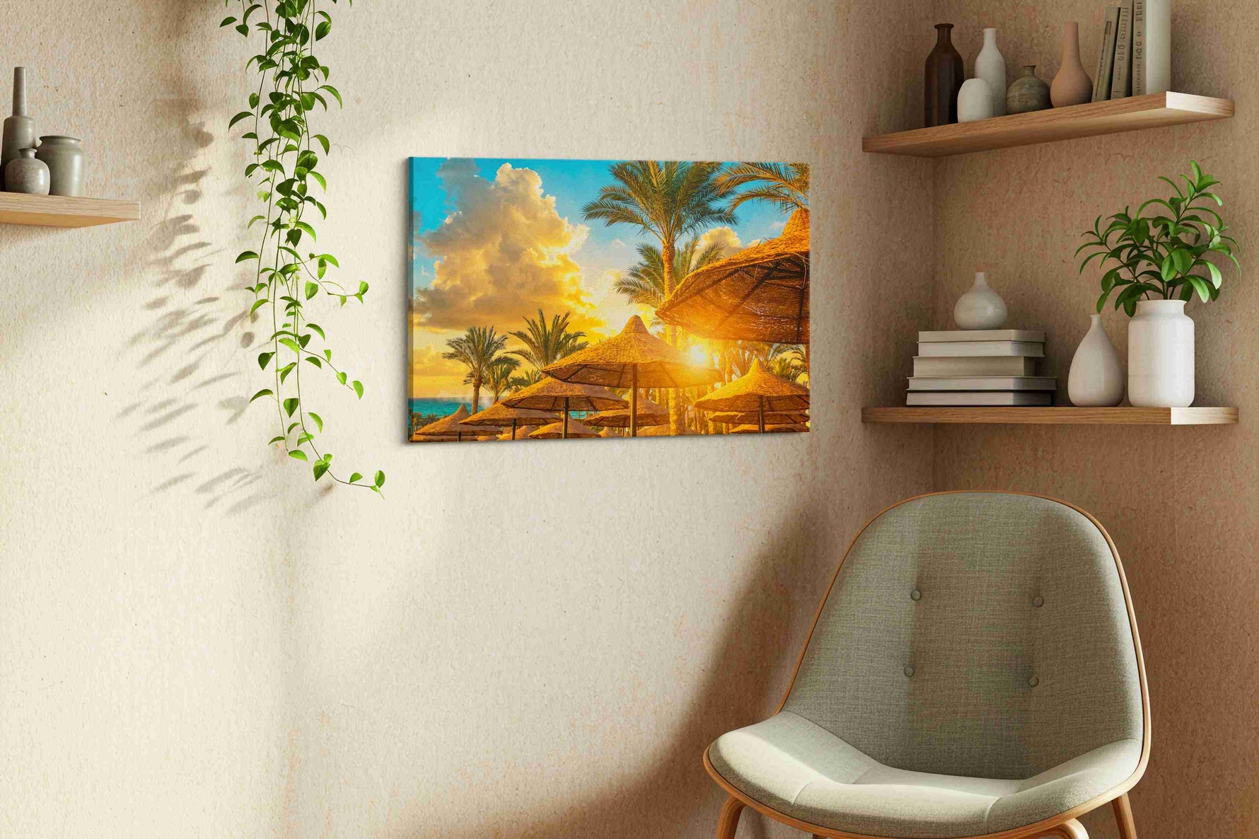 Golden Tropics Serenade summer canvas print styled in a living room