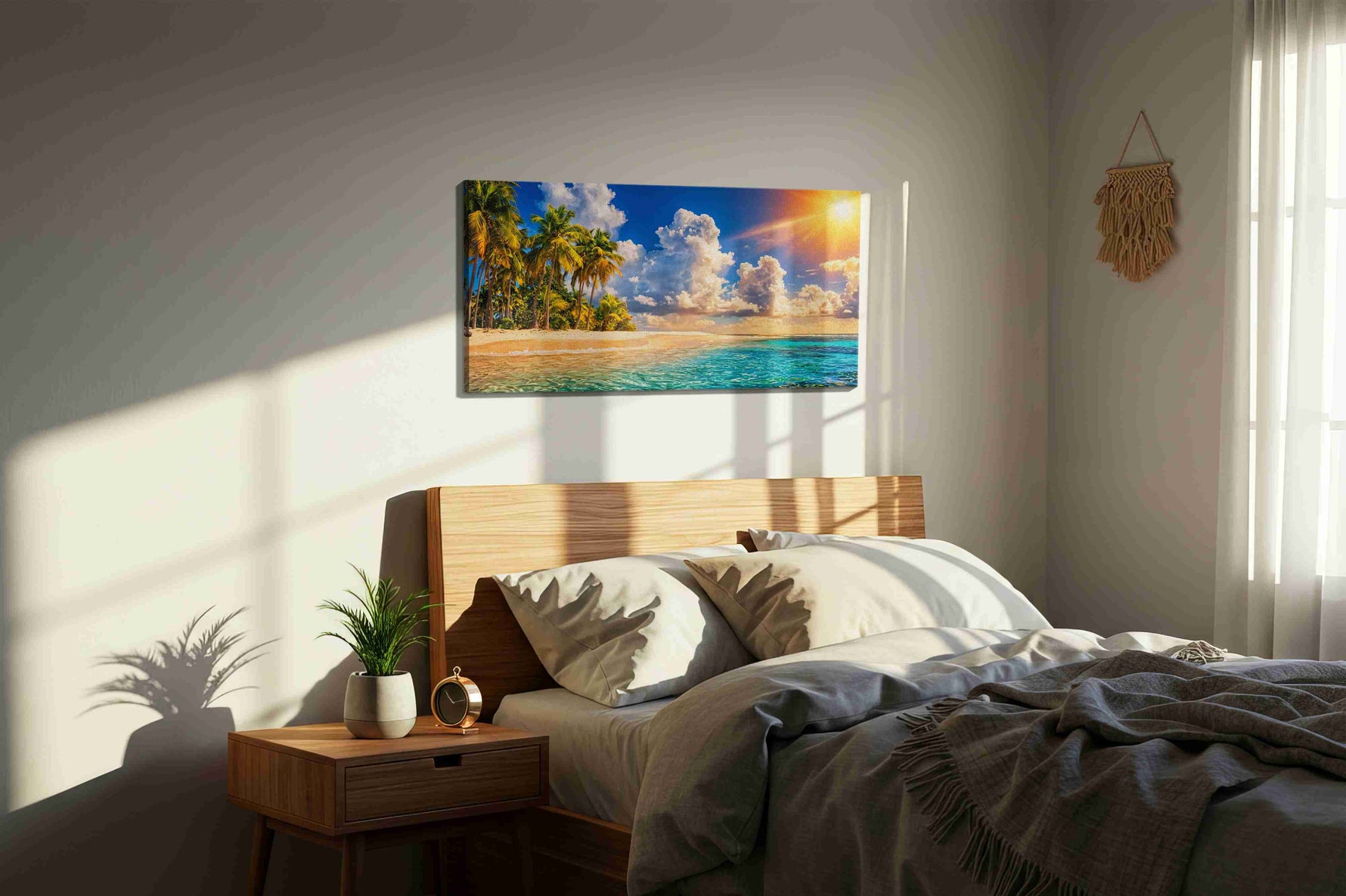 Radiant Tropical Paradise summer canvas print, displayed in a bedroom