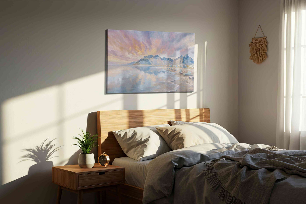 Seaside Serenity at Dusk beach canvas print, displayed in a bedroom