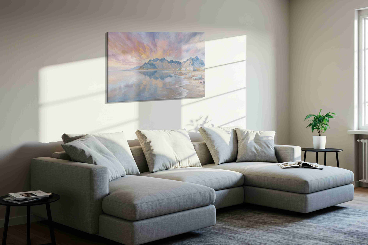 Seaside Serenity at Dusk beach canvas print, displayed in a living room
