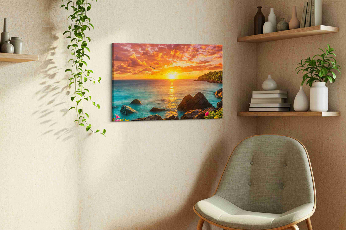 Serenade of the Dusk Waves summer canvas print styled in a living room