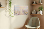 Sunlit Serenity Stroll beach canvas print styled in a living room