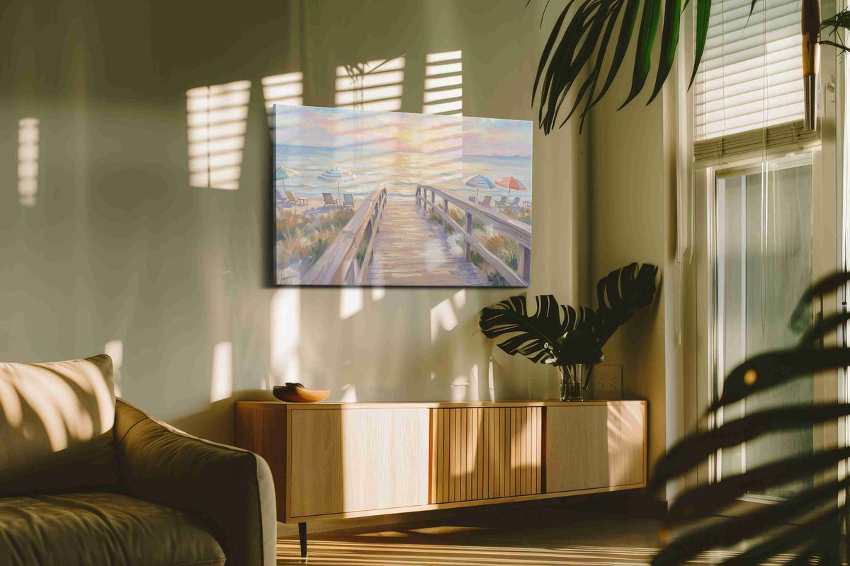 Sunlit Serenity Stroll beach canvas print in a contemporary interior mockup