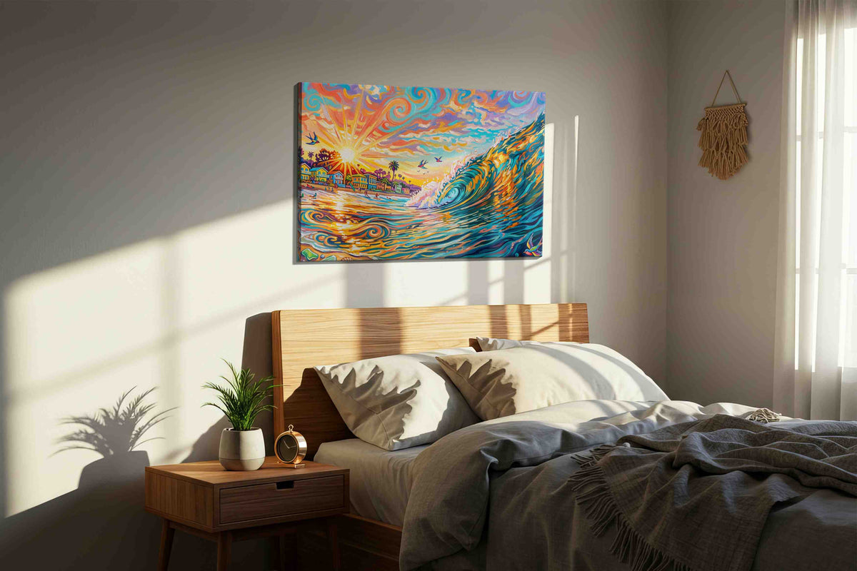 Sunlit Surf Symphony beach canvas print, displayed in a bedroom