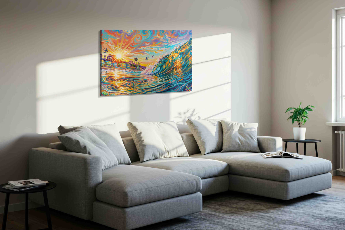 Sunlit Surf Symphony beach canvas print, displayed in a living room