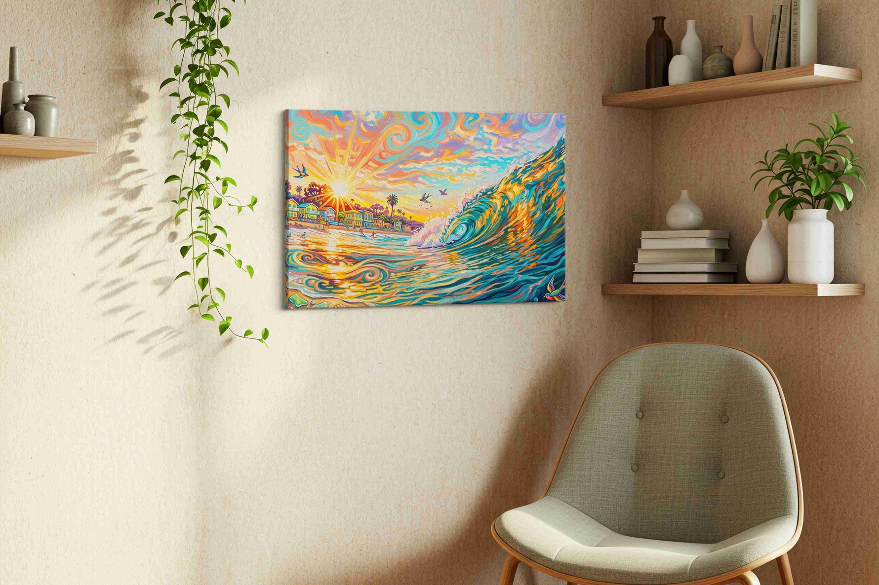Sunlit Surf Symphony beach canvas print in a living room scene