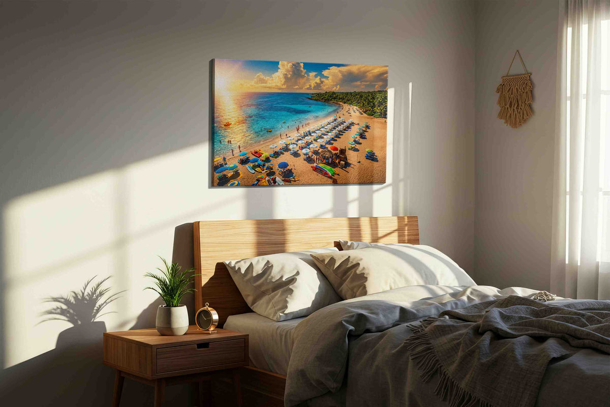 Sunset Paradise Beach Bliss summer canvas print, displayed in a bedroom