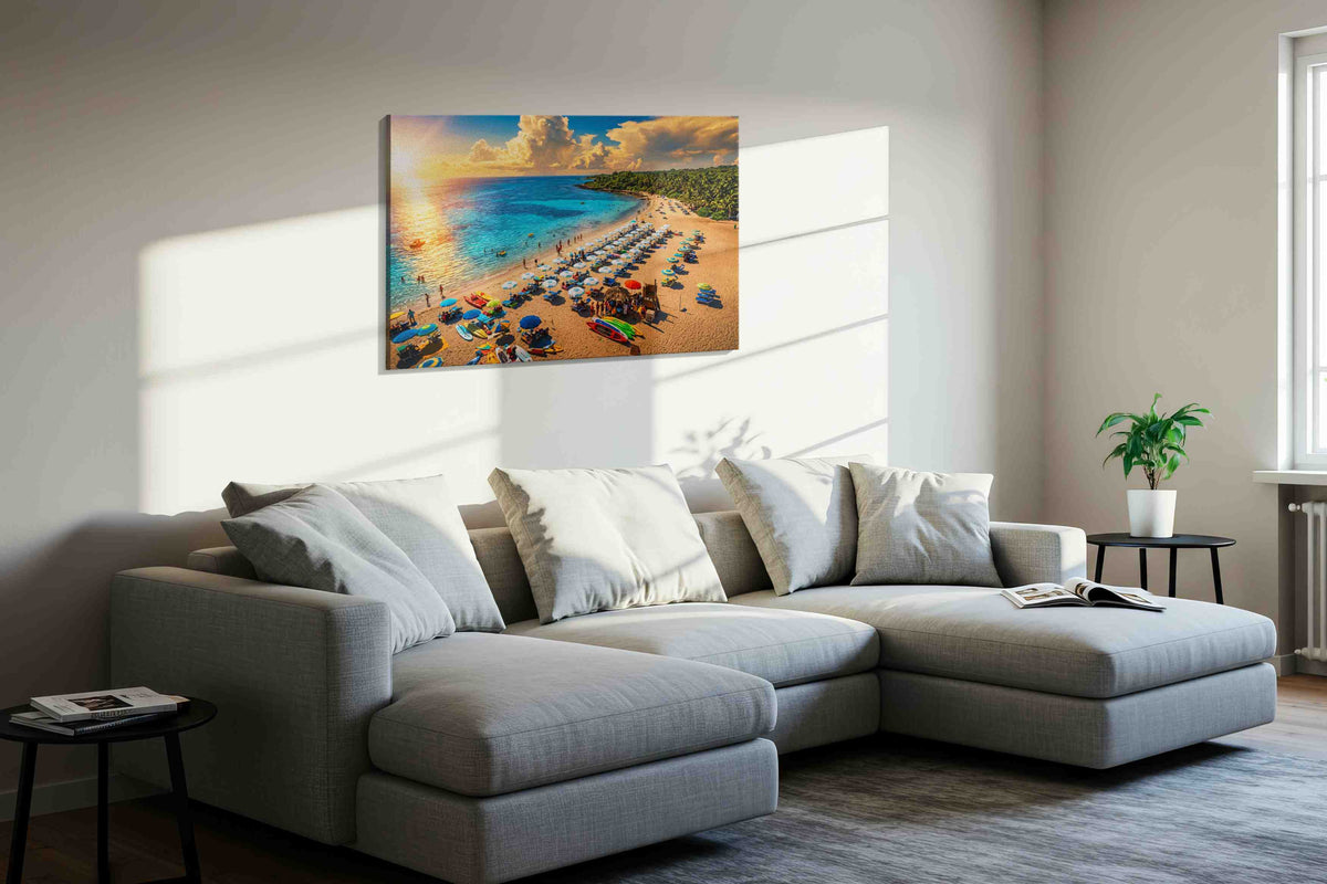 Sunset Paradise Beach Bliss summer canvas print, displayed in a living room