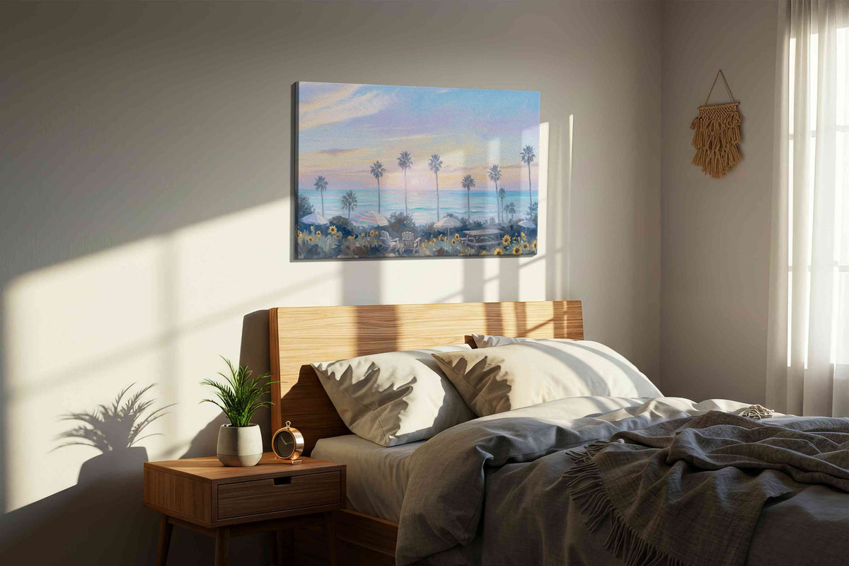 Sunset Serenity by the Sea beach canvas print, displayed in a bedroom