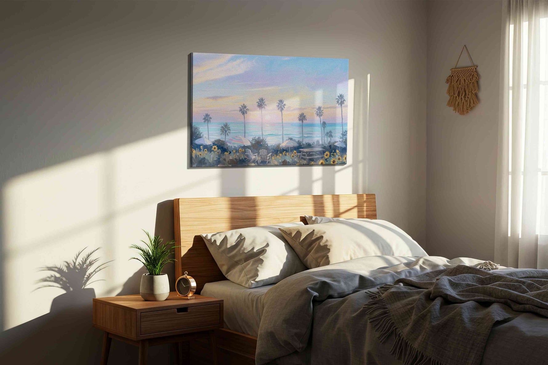 Sunset Serenity by the Sea beach canvas print, displayed in a bedroom