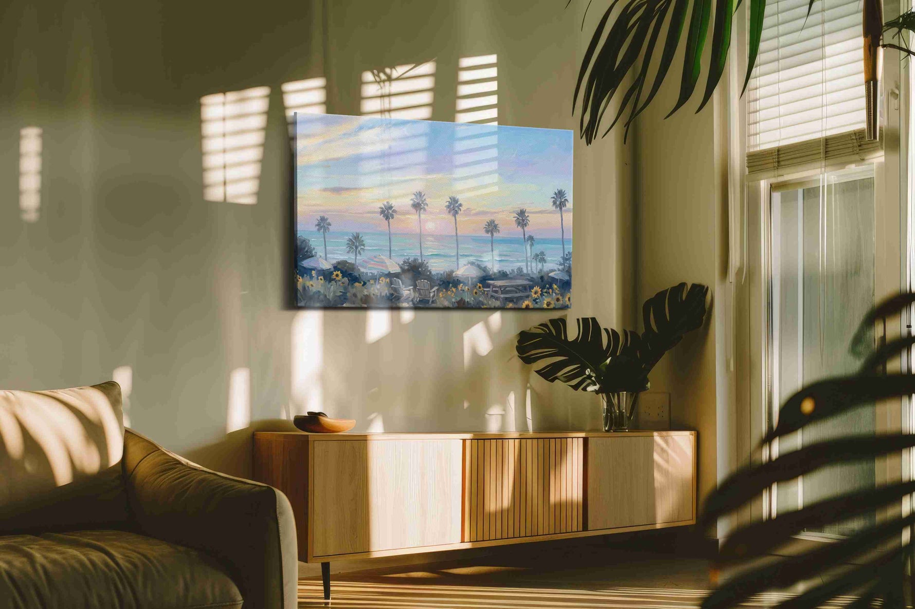 Sunset Serenity by the Sea beach canvas print, hanging on wall