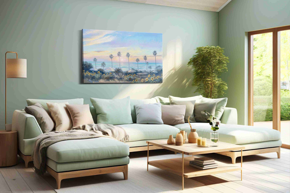 Sunset Serenity by the Sea beach canvas print shown in a wall scene