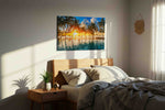 Sunset Silhouettes summer canvas print, displayed in a bedroom