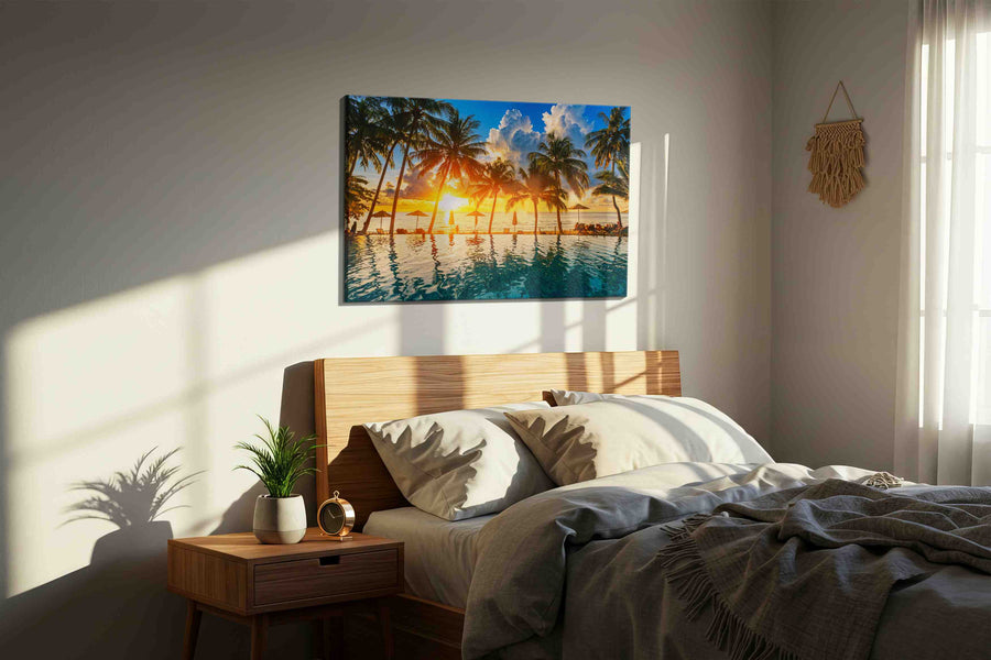 Sunset Silhouettes summer canvas print, displayed in a bedroom