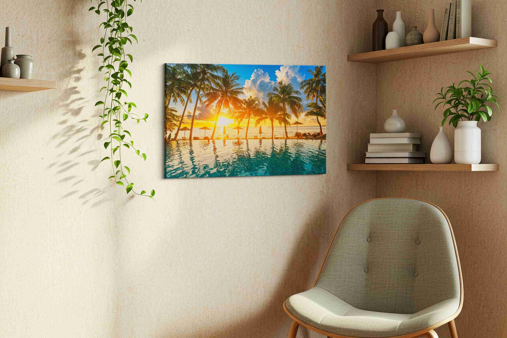 Sunset Silhouettes summer canvas print, displayed in a living room