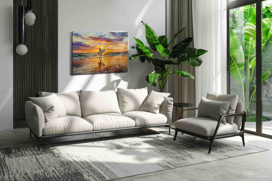 Sunset Surf Symphony summer canvas print in a modern interior mockup