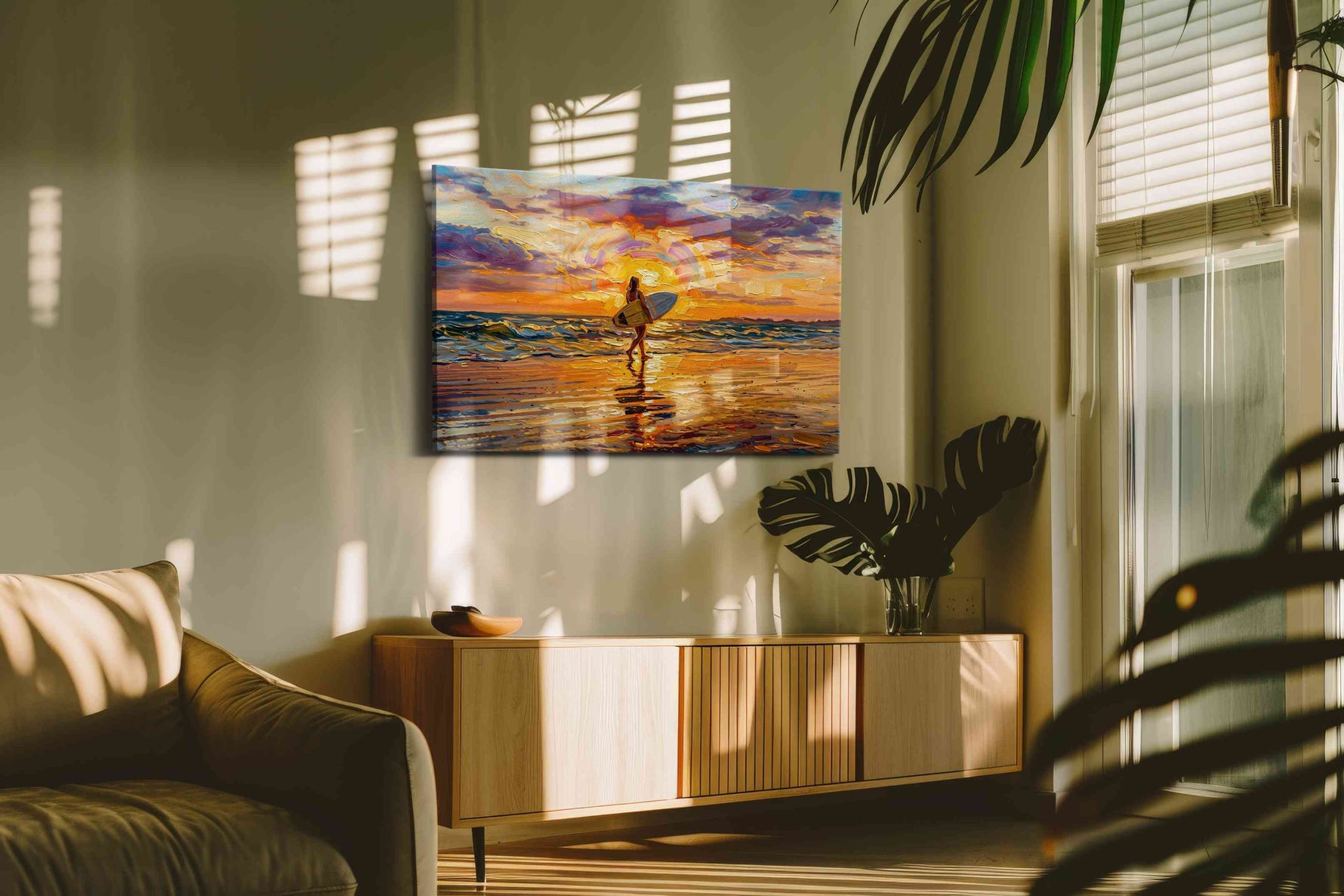 Sunset Surf Symphony summer canvas print, on wall, lifestyle preview