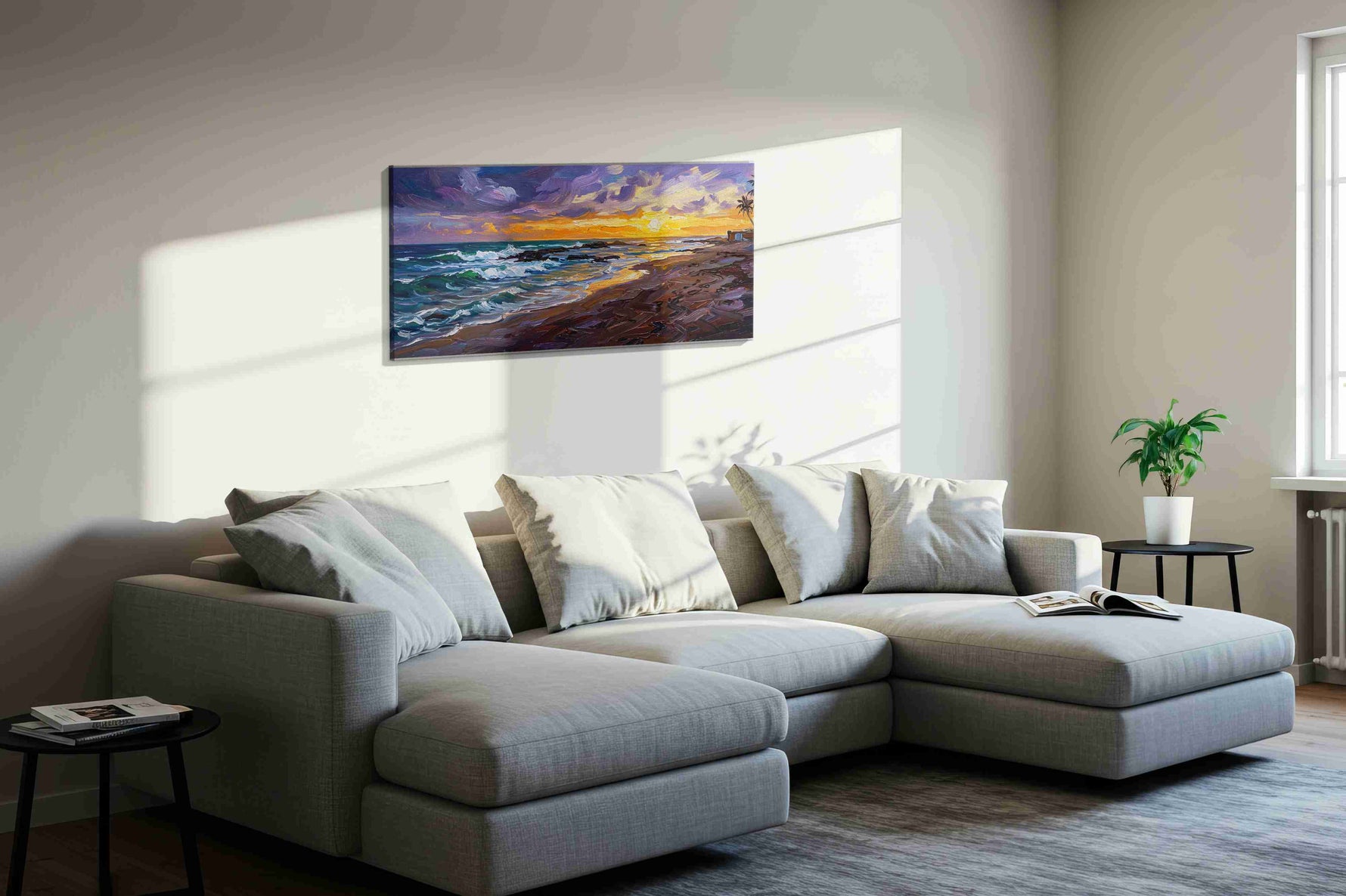 Sunset Symphony on the Shore ocean canvas print, displayed in a living room