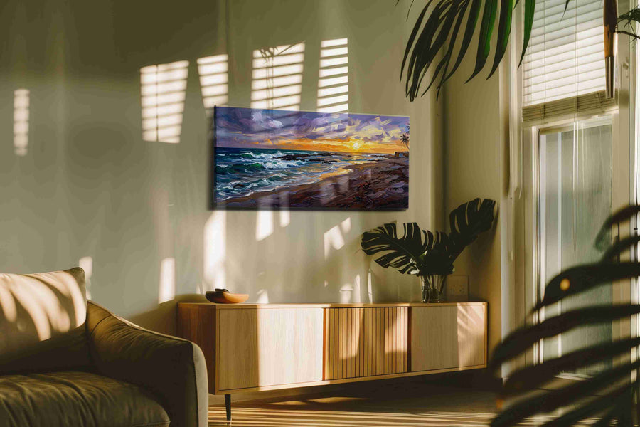 Sunset Symphony on the Shore ocean canvas print in a hung canvas mockup