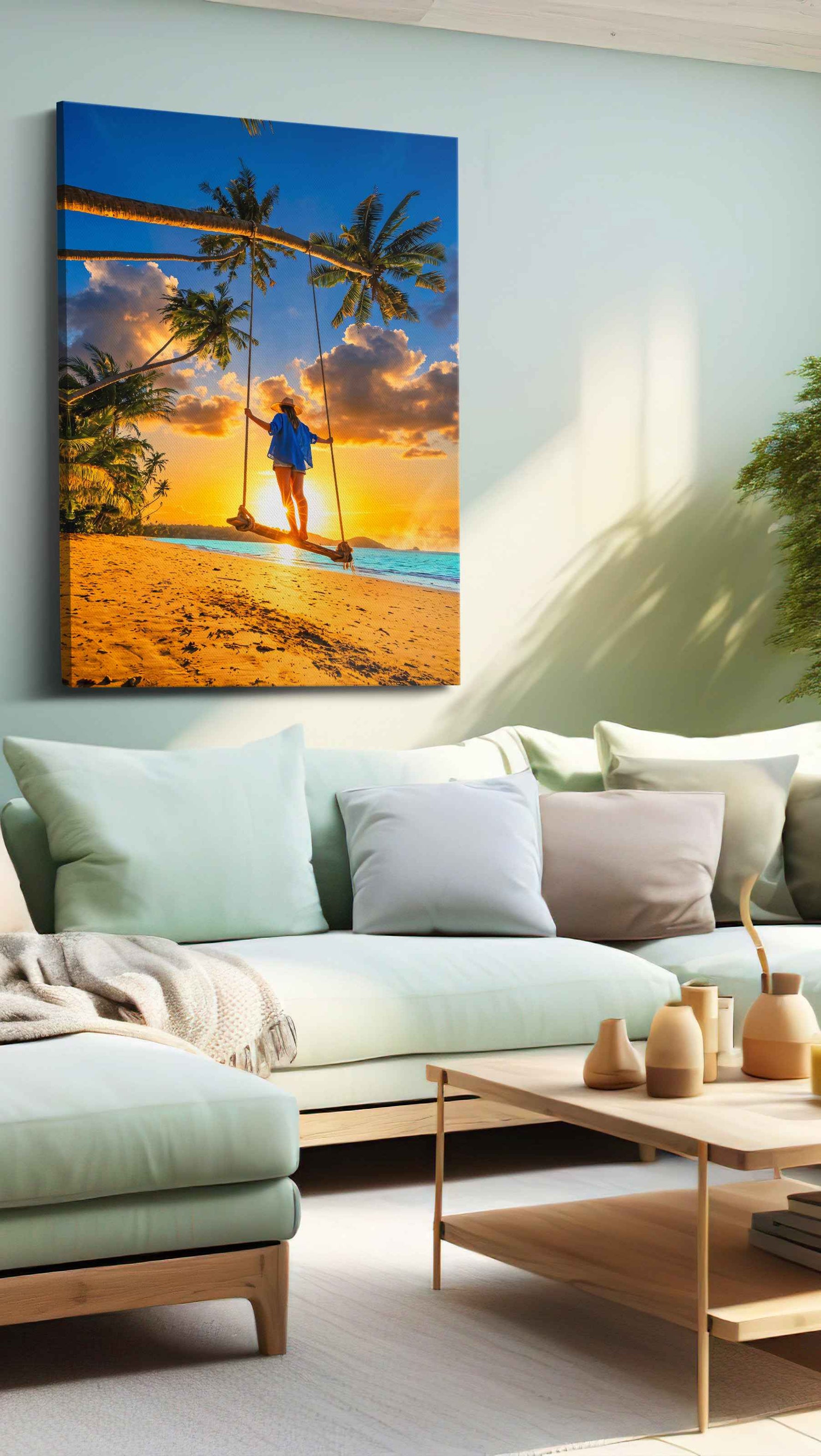 Swing into Sunset Serenity summer canvas print, hanging on wall