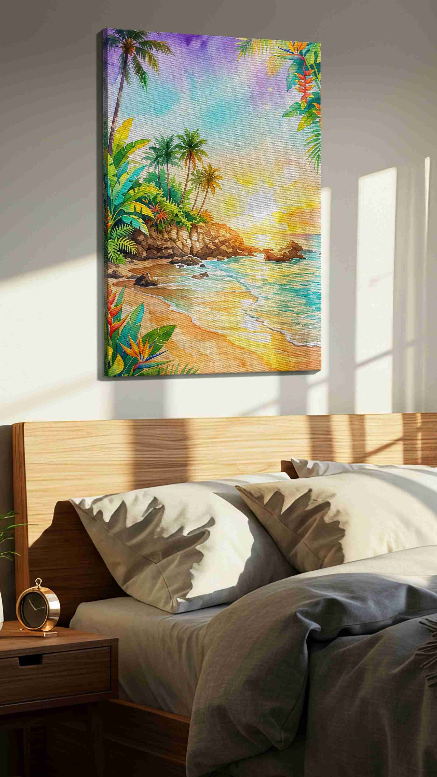 Tropical Radiance at Sunset beach canvas print, displayed in a bedroom