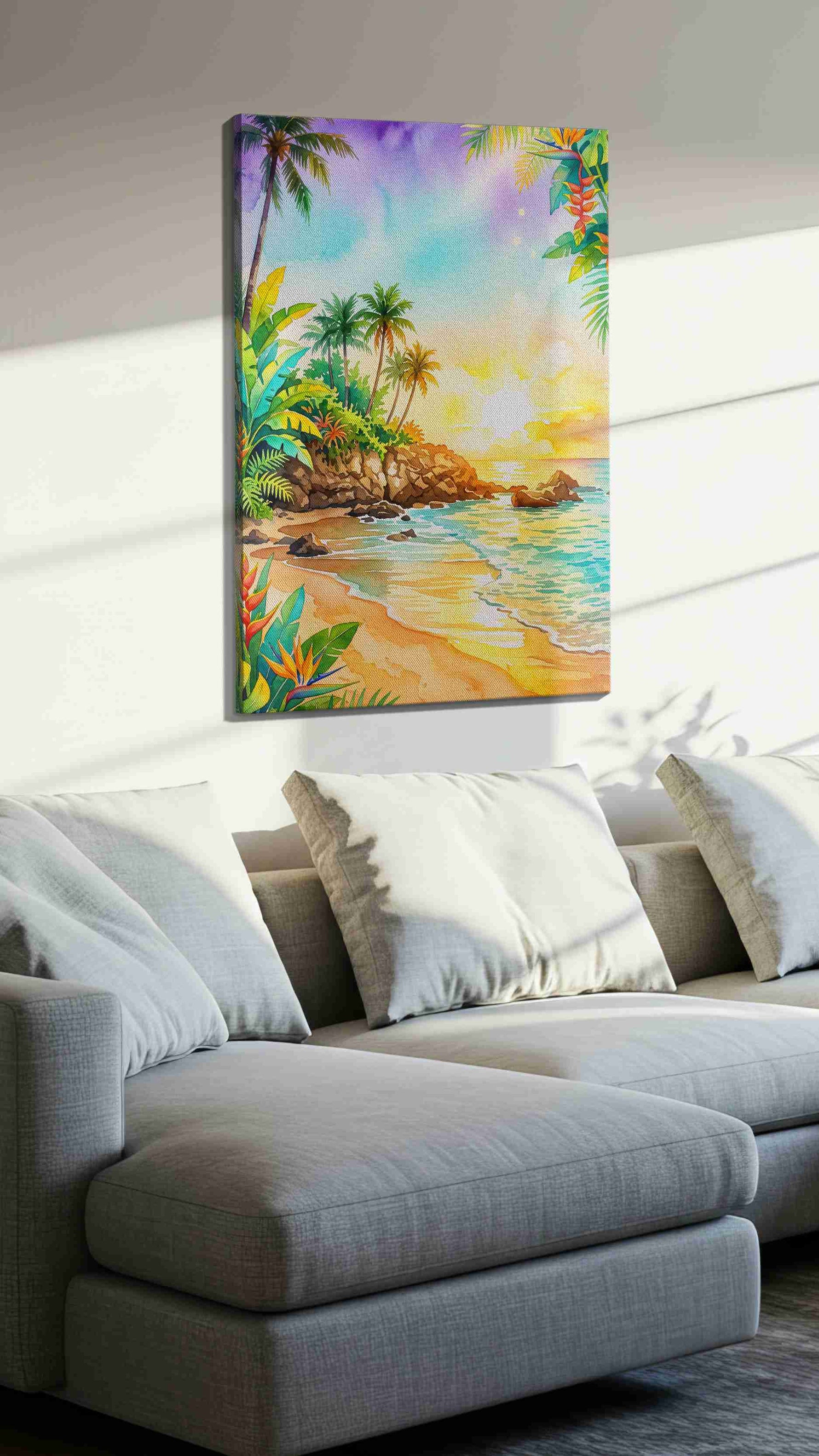 Tropical Radiance at Sunset beach canvas print, displayed in a living room
