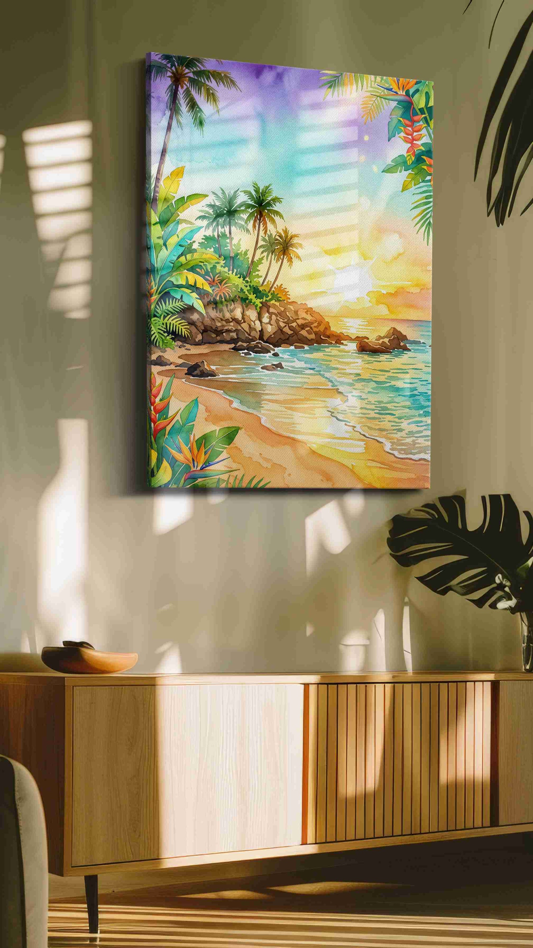 Tropical Radiance at Sunset beach canvas print in a hung canvas mockup