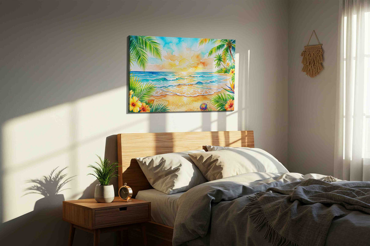 Tropical Sunrise Serenade beach canvas print, displayed in a bedroom