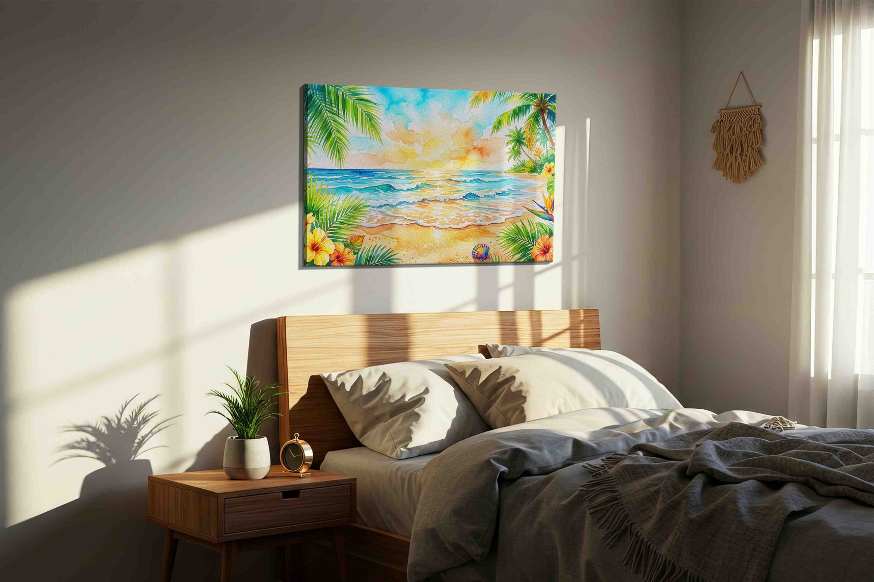 Tropical Sunrise Serenade beach canvas print, displayed in a bedroom