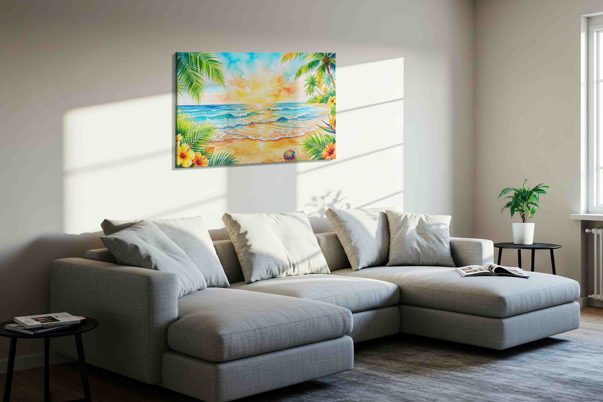 Tropical Sunrise Serenade beach canvas print, displayed in a living room