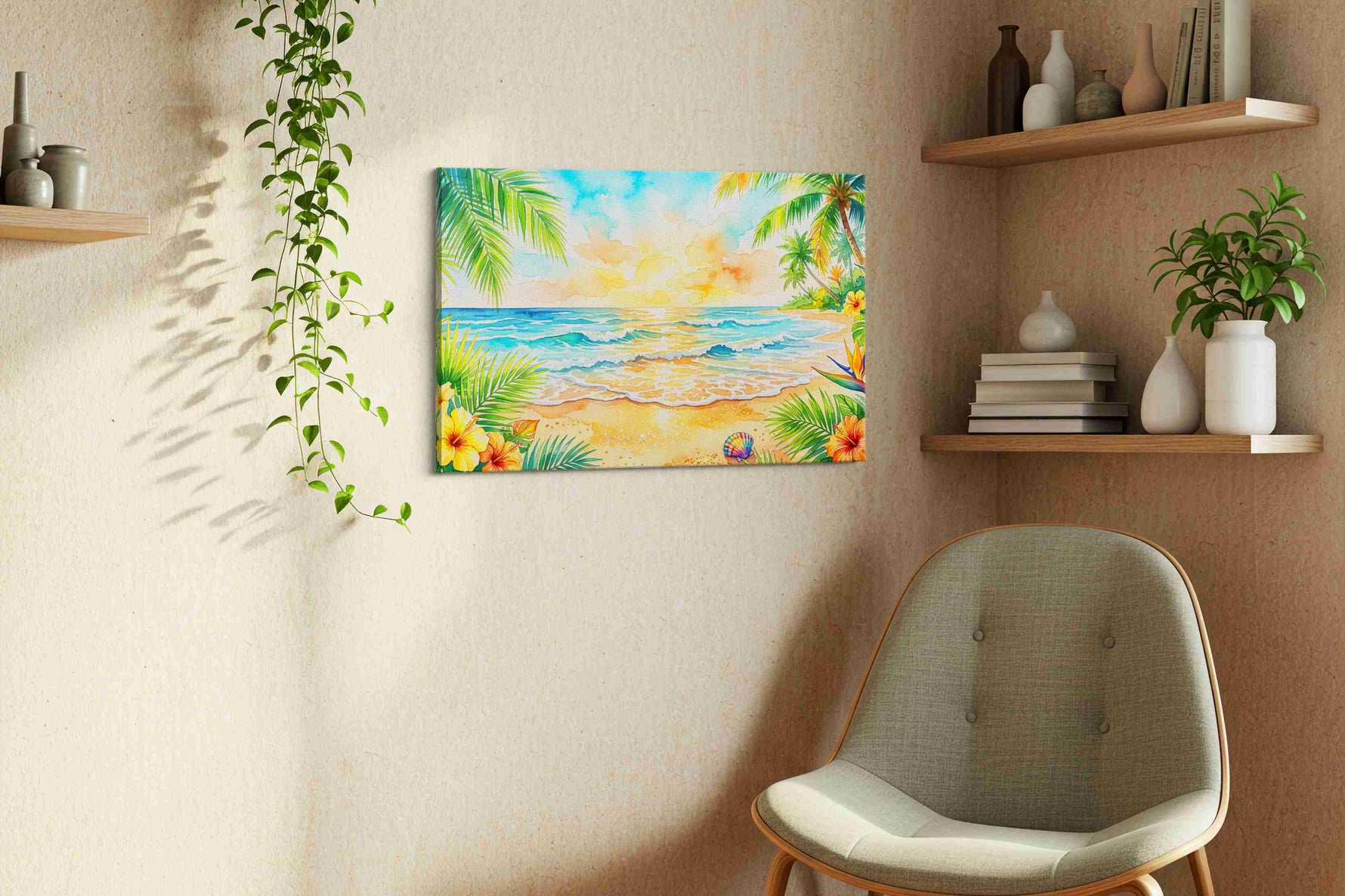 Tropical Sunrise Serenade beach canvas print styled in a living room
